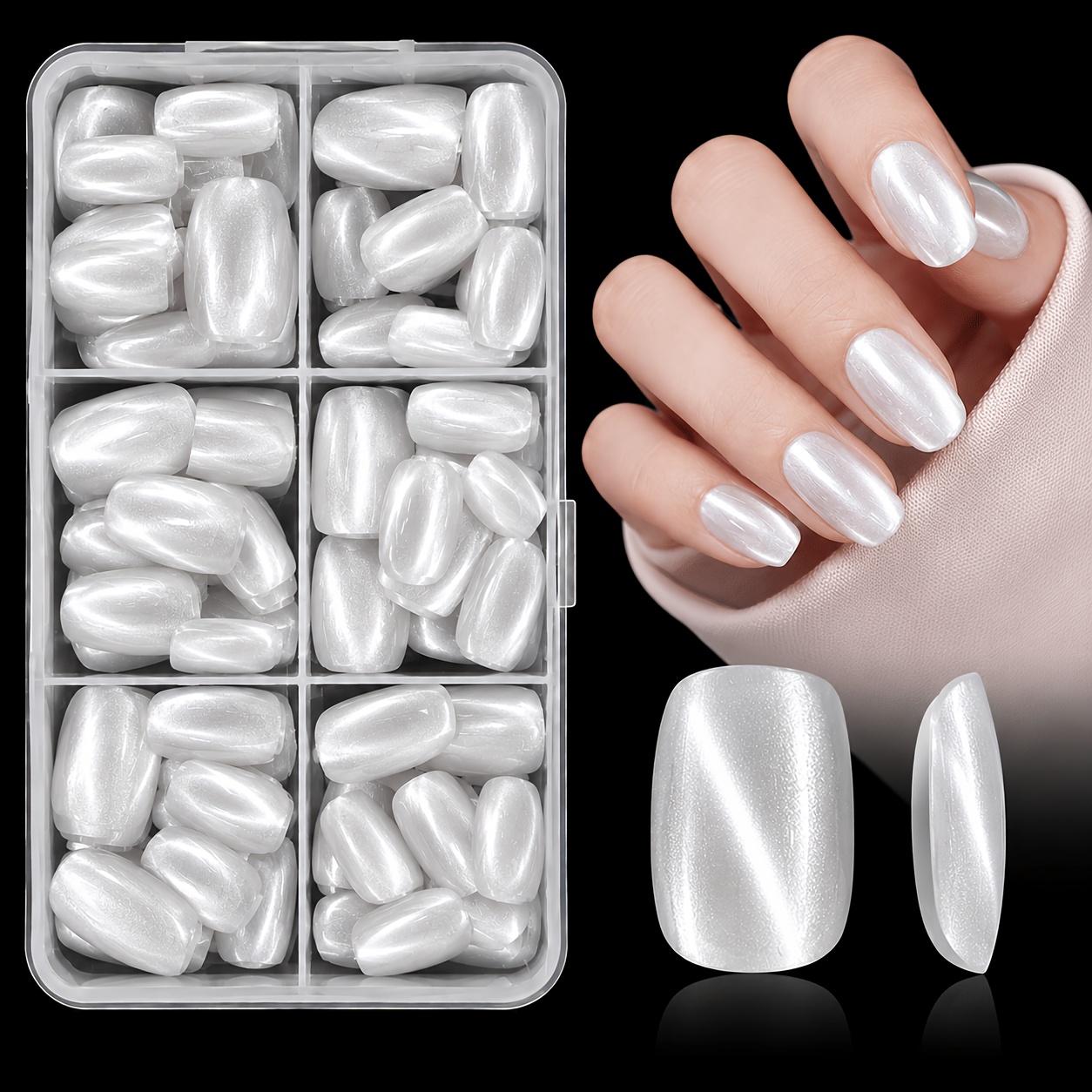 TEMU 150pcs Pearlescent White Shimmering Glossy Square Nail Tips Set, Sheer Bright Silvery False Nails, Easy And Premium, Gentle, Mirror Glossy White