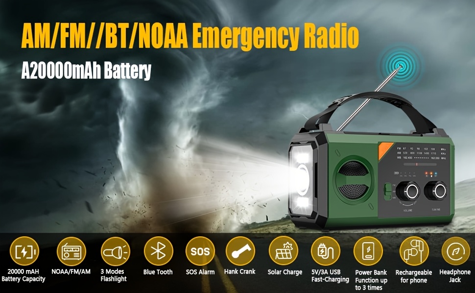 20000Mah Hand Crank Emergency Radio, SW/NOAA/AM/FM Weather Radio, Solar Powered Hand Crank Charger with Big Battery Powered, Portable, Cellphone Charge, SOS, Flashlight for Emergency/Home