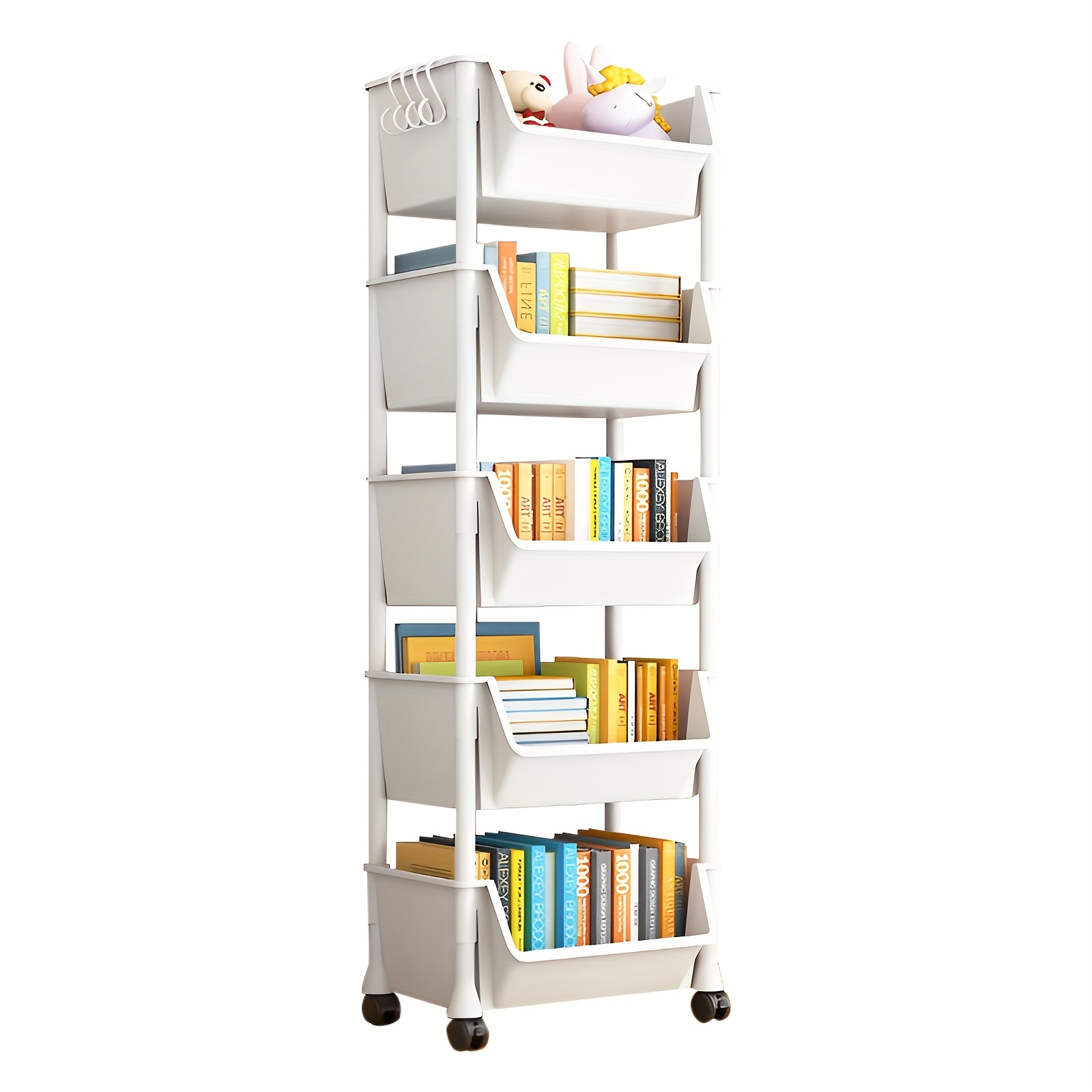 

5-tier White Plastic Storage Cart With Wheels & Hooks - Rolling Organizer For Snacks, Books, Toys, And - Matte , Easy-to-move Design