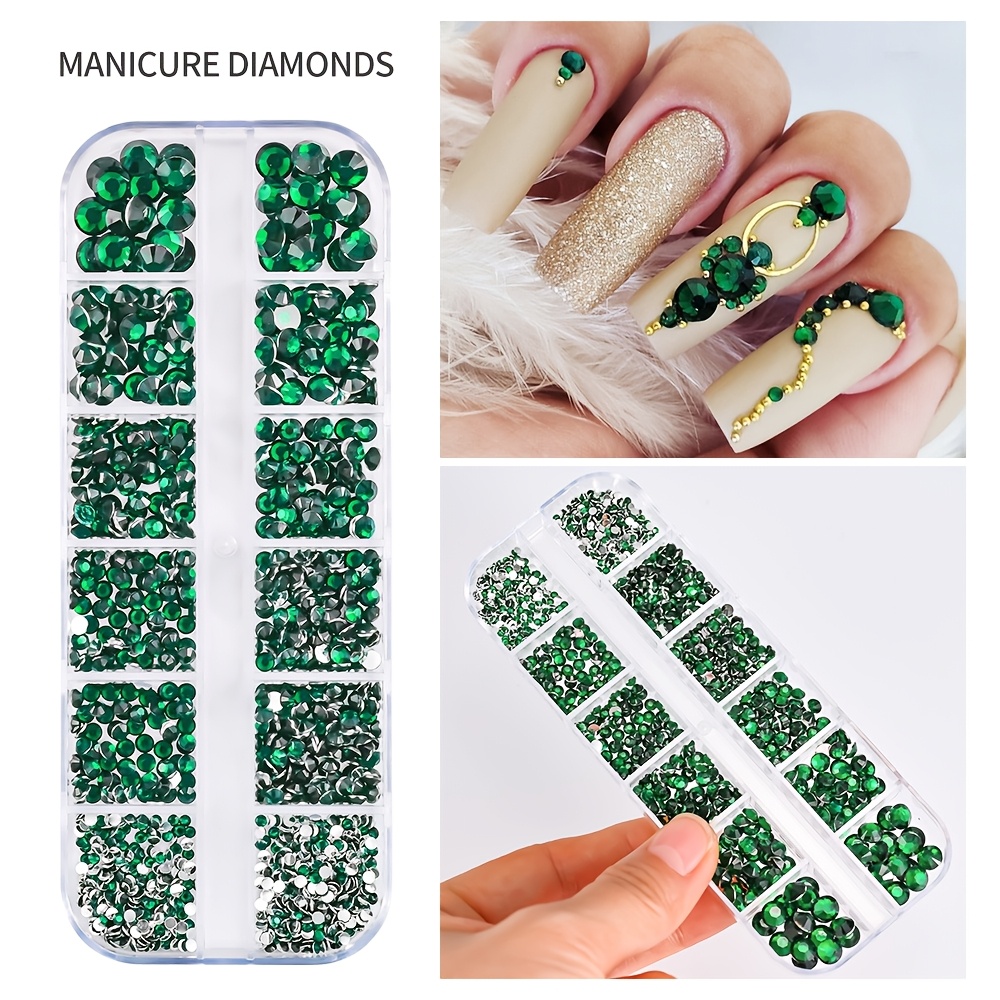 

12 Grids Green Nail Art Rhinestones Ab Flatback Round Bead Gems Stones Jewelry Nail Charms Ss6-ss30 Mixed Sizes Nail Diamond Diy Manicure Decoration