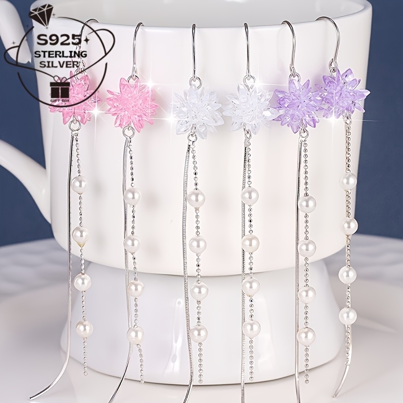 925 Silver Long Ice Flower Freshwater Earrings