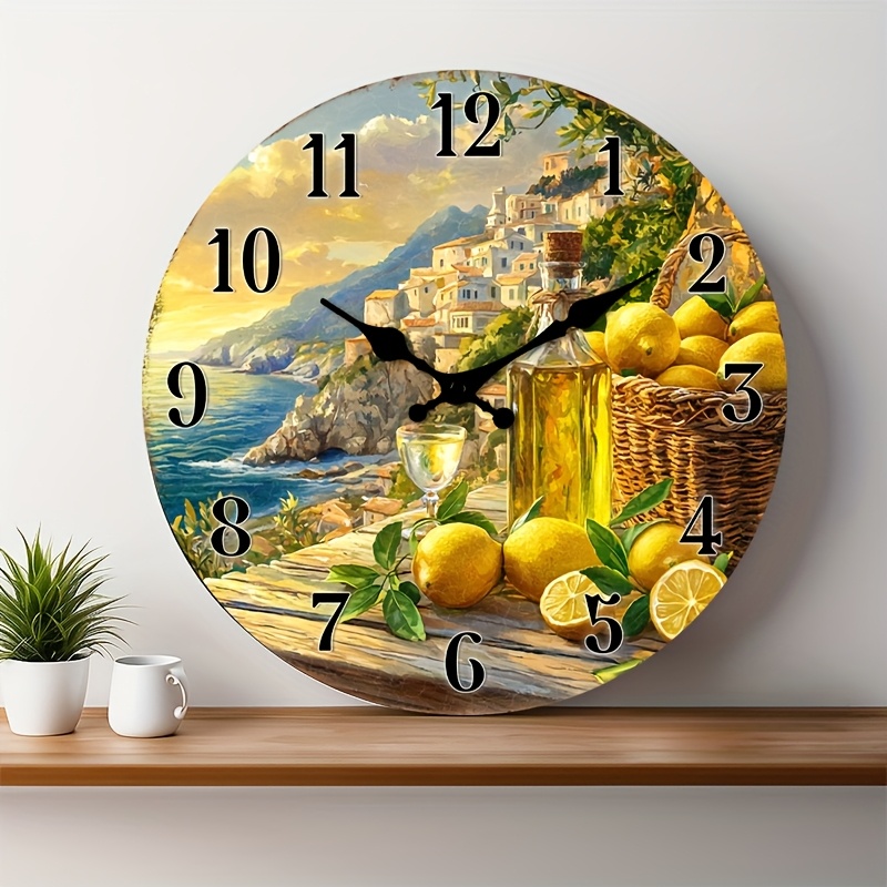 1 stück nicht   holz wanduhr - küstendorf design mit zitronen & olivenöl kunst, rustikale mediterrane deko, 10/12/14/16 zoll runde uhr für schlafzimmer, wohnzimmer, küche, essbereich (batterie nicht enthalten), zeitmesser für wohnzimmer, künstlerische detailarbeit