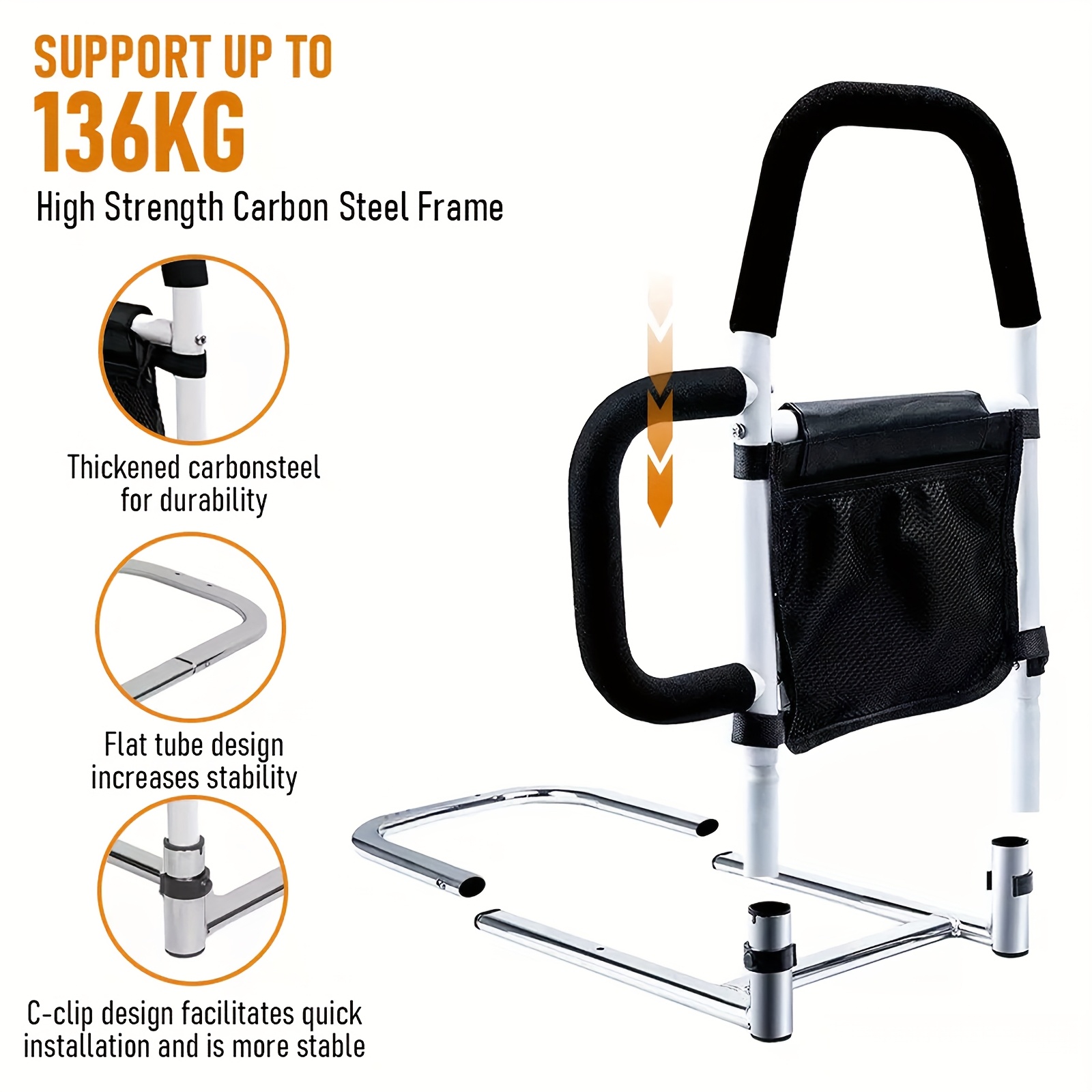 60cmX52cmX28cm Bed Rail For Elderly Height Adjustable Medical Bed Support Bar Bed Safety Assist Rail Support Up To 136 Kg With Dual Handrail Storage Pocket Fixing Strap Fits King Queen Twin Full Bed