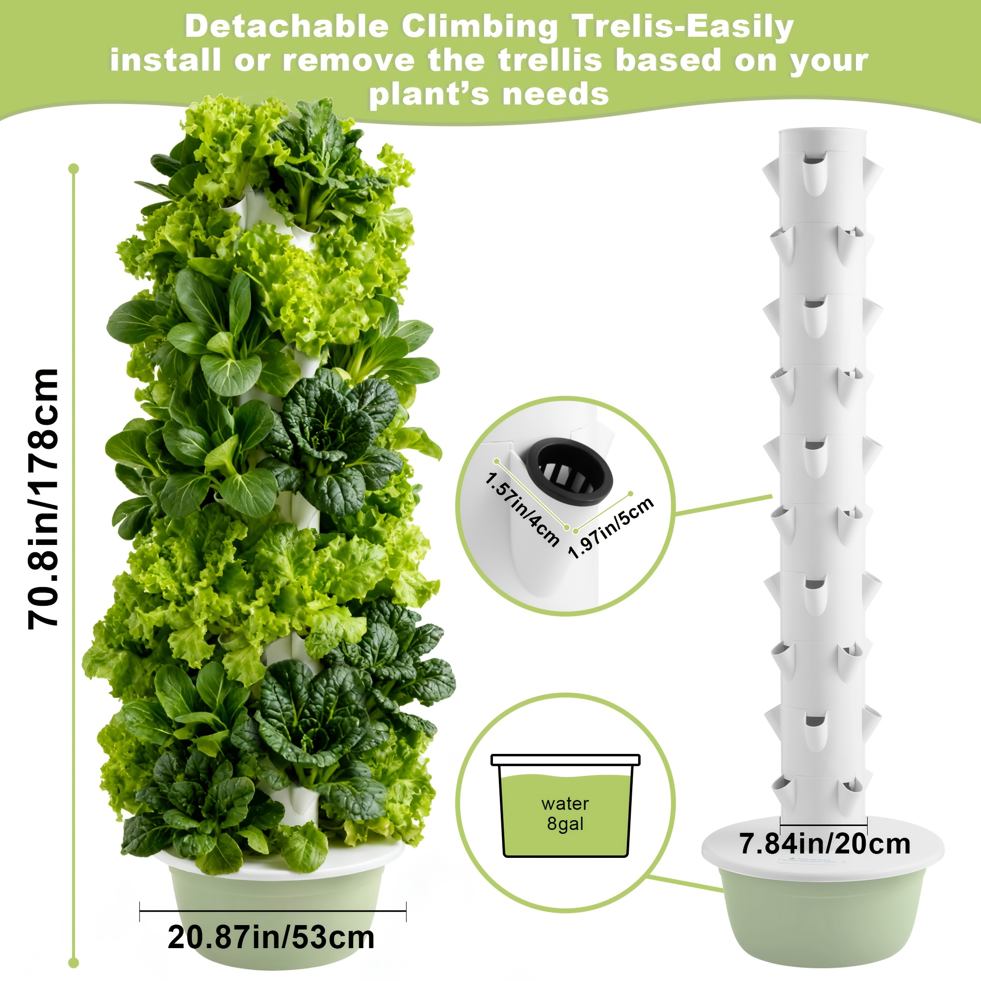 40-Plant Vertical Hydroponic Growing Tower – Indoor/Outdoor Vertical System, PP Material, White