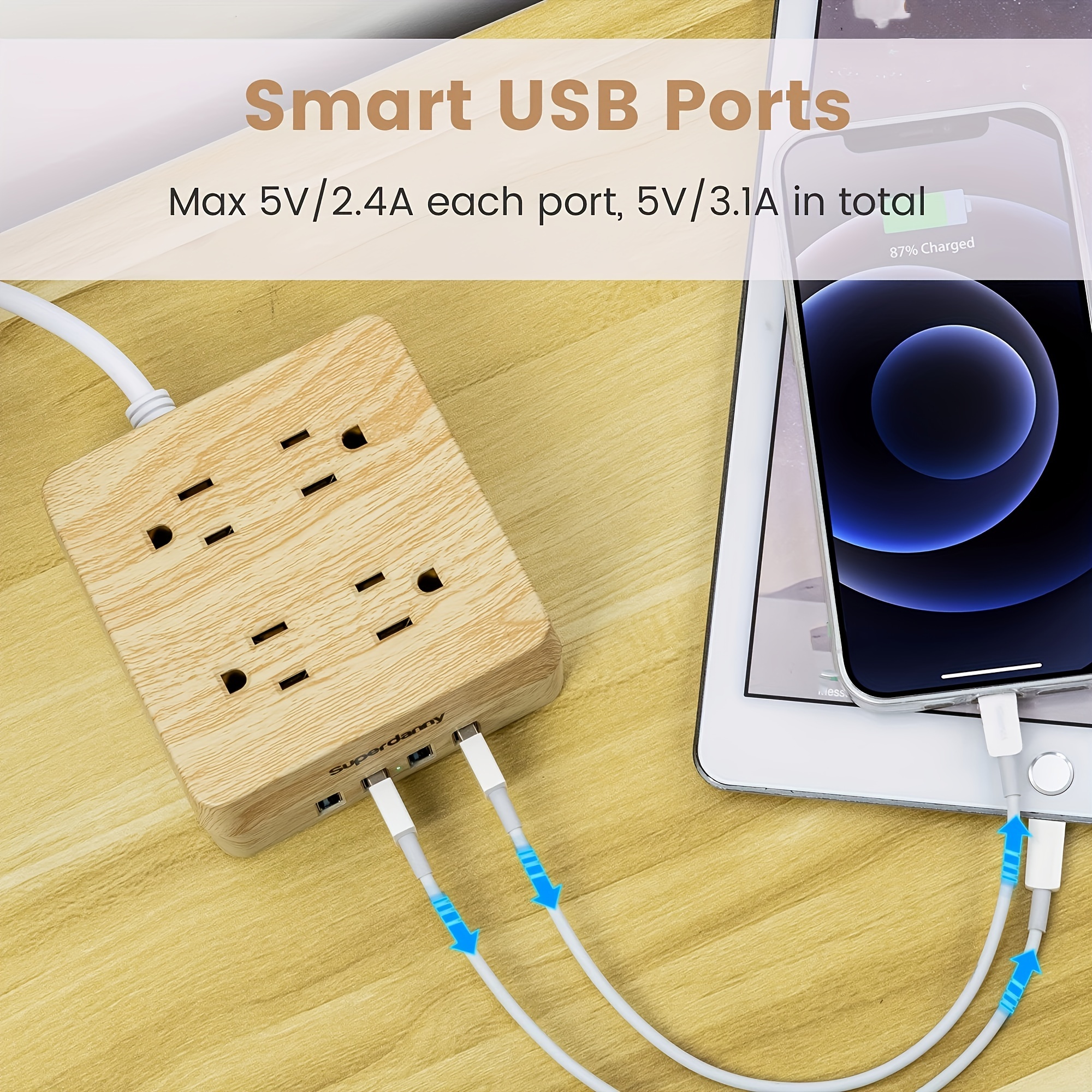 

Usb Protector - Desktop Extension Cord With 4 Outlets & 4 Smart Usb Ports, Portable Charging Station For Home, Office, Hotel, Dorm, Rv