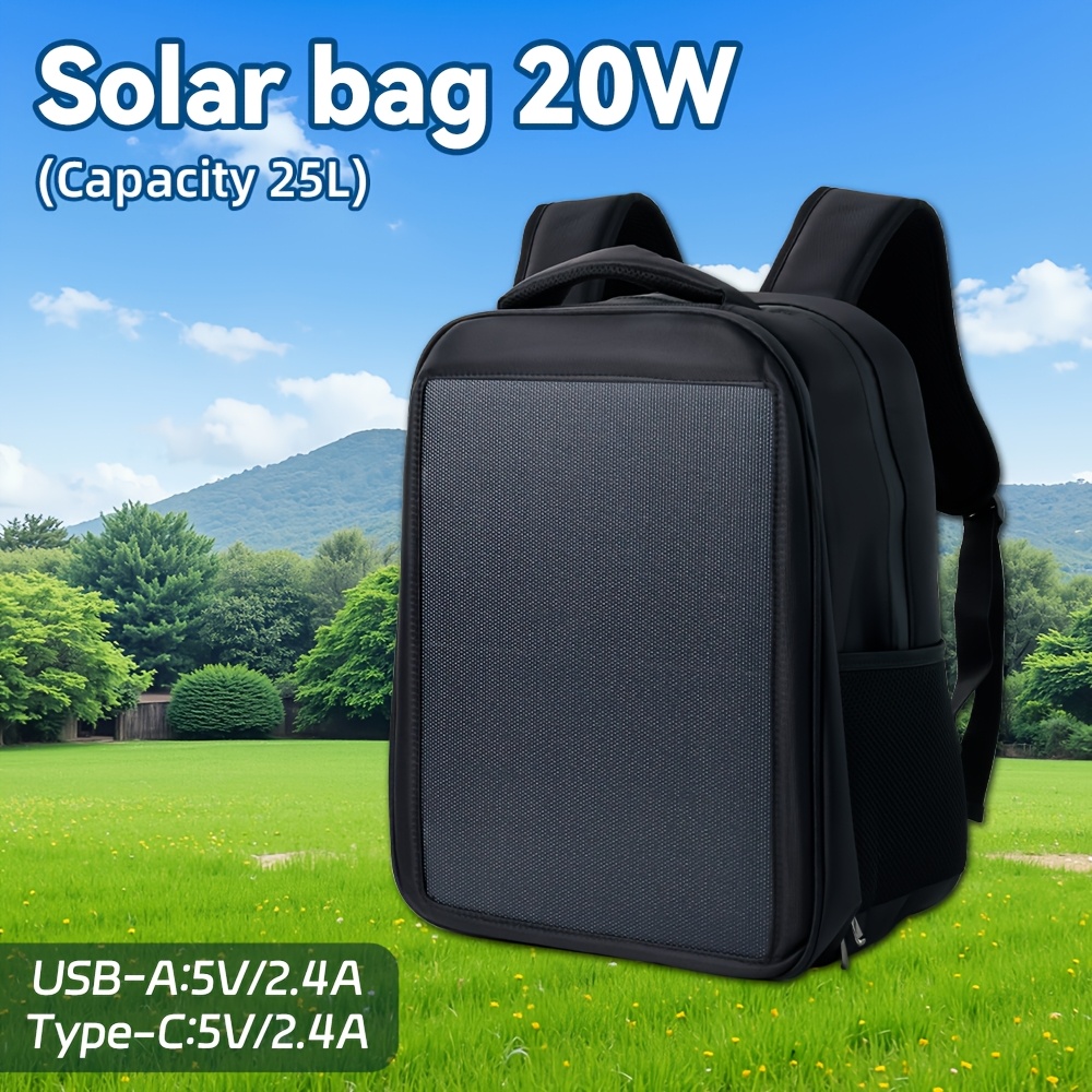 TEMU Sac à dos 20W à panneau solaire, grande , pour ordinateur portable avec poignée, port de charge USB, sac à dos d'extérieur pour la randonnée, le