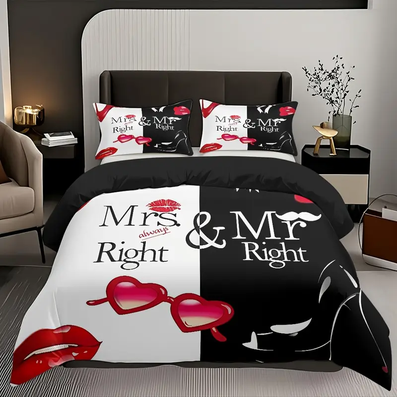 3pcs comfortable romantic couple themed duvet cover set soft high definition with black and white contrast perfect gift for machine washable 1 duvet cover 2 pillowcases no filling Product details 5