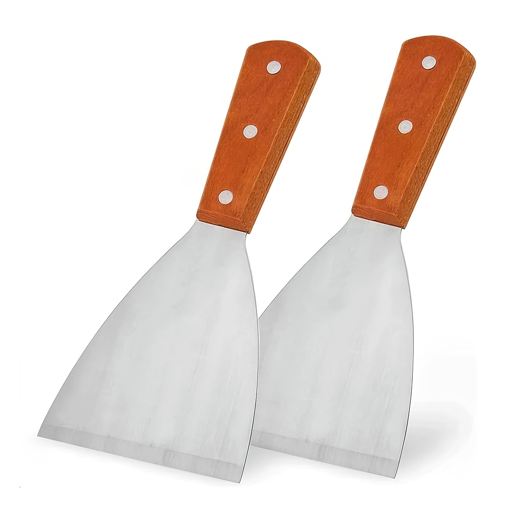 Image of 2pcs Premium Beveled Stainless Steel Bbq Scraper With Comfort Wood Handle, Versatile Grill Shovel Accessory For Outdoor Barbecue, Outdoor Camping Cooking Bbq Tools
