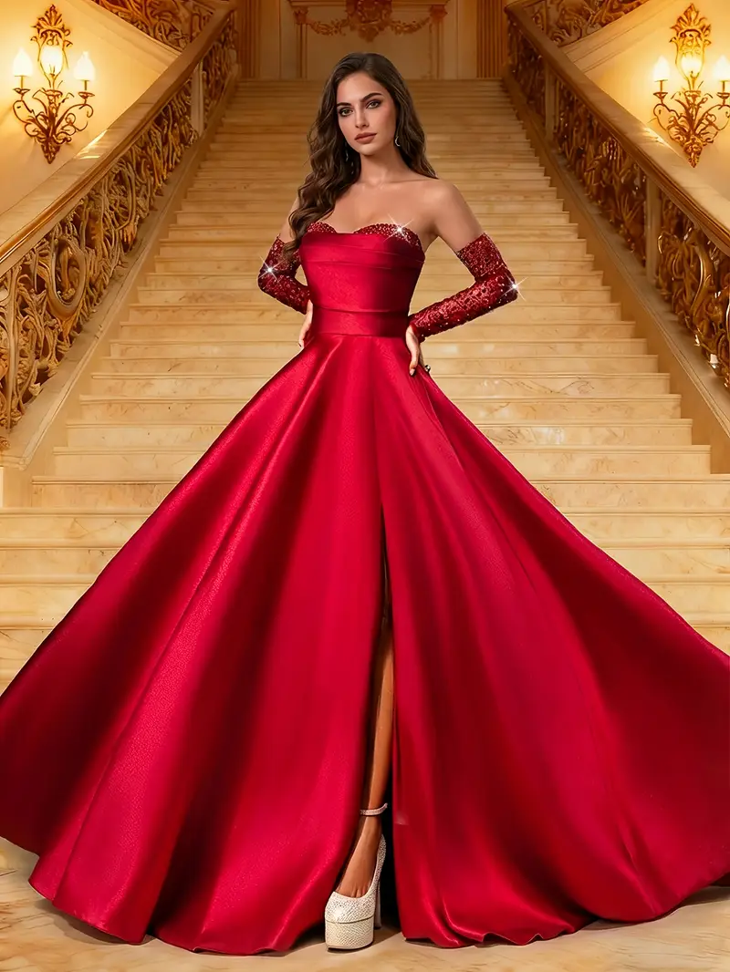 a wine red satin shoulder evening gown a heart shaped - Temu Mauritius a wine red satin shoulder evening gown a heart shaped - Temu Mauritius