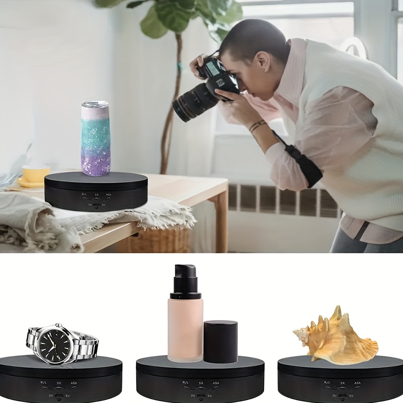 electric rotating   stand with 360 turntable   adjustable   high medium low usb battery powered   source usb compatible aaa battery operated for jewelry display photo   office decor durable plastic construction ideal for watch ring necklace presentation sleek aesthetic design     Product details 2