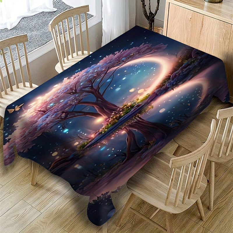 

1pc, Tablecloth, Mystical Moonlit Tree Design Tablecloth, Waterproof, Washable Polyester, Ideal For Picnics, Camping, Weddings, Birthdays, Christmas, Dining & Buffet, Room Decor