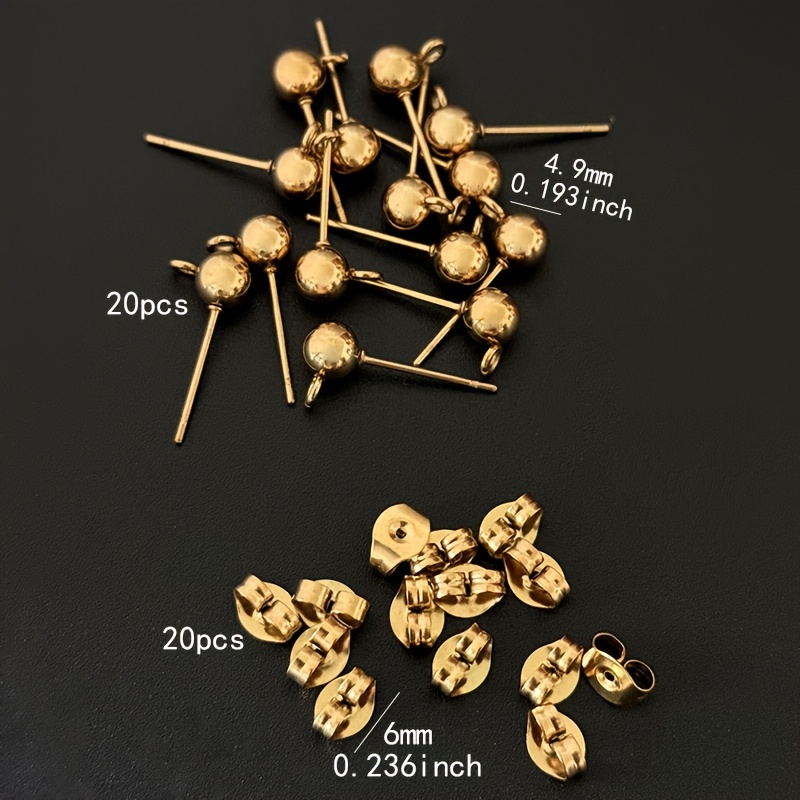 TEMU [20pcs Studs And 20pcs Ear Plugs] Color-retaining Stainless Steel Round Ball Studs Steel Round Head With Hanging Loop Earring Rack Stainless