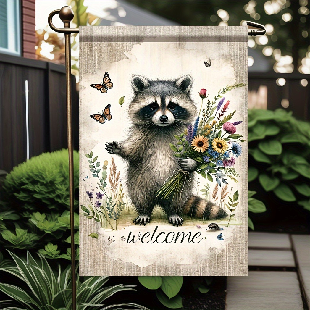 

1pc, Garden Welcome Flag, Raccoon Double Sided Printing Yard Flag, Waterproof Vertical Flag, Home Decor, Outdoor Decor, Yard Decoration, Garden Decoration