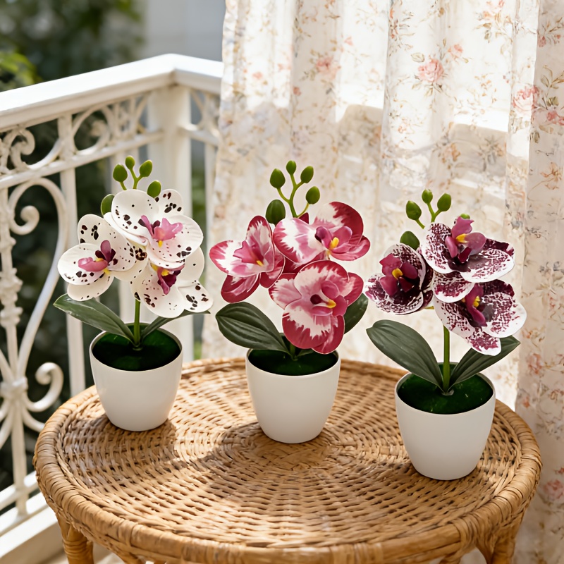 3pcs Artificial Phalaenopsis Orchid Set with White Pots - Realistic Faux Flowers in White-spotted Purple, Spotted Purple, and Rose-red-edged Colors, Lifelike Blooms - No Watering or Maintenance Required, Ideal for Desktop Centerpieces, DIY Birthday