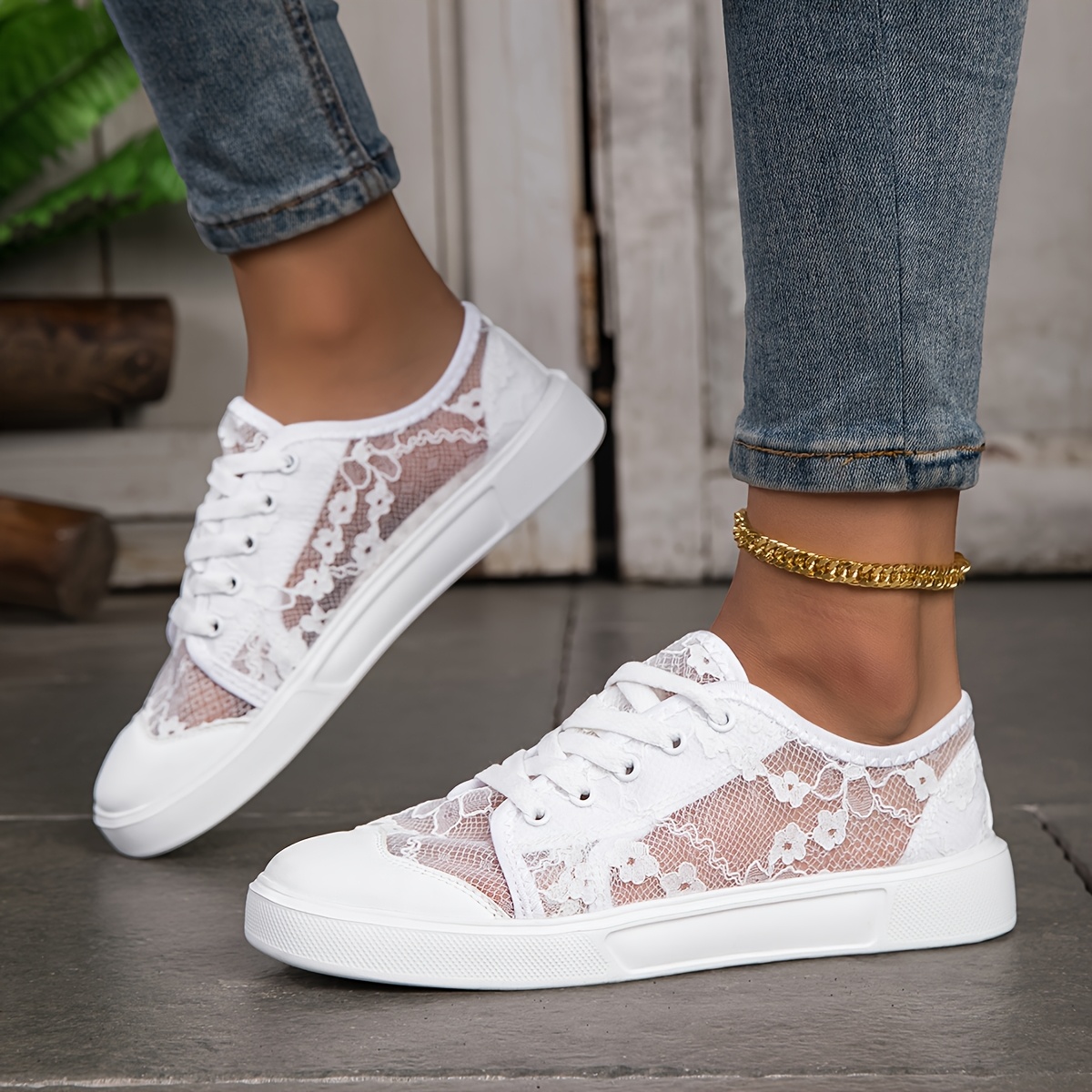 TEMU Hollow-out Lace Sneakers - Breathable Mesh Low-top Skate Shoes With Soft Sole & Lace Closure, Lightweight Suitable For Commuting, Skateboarding,