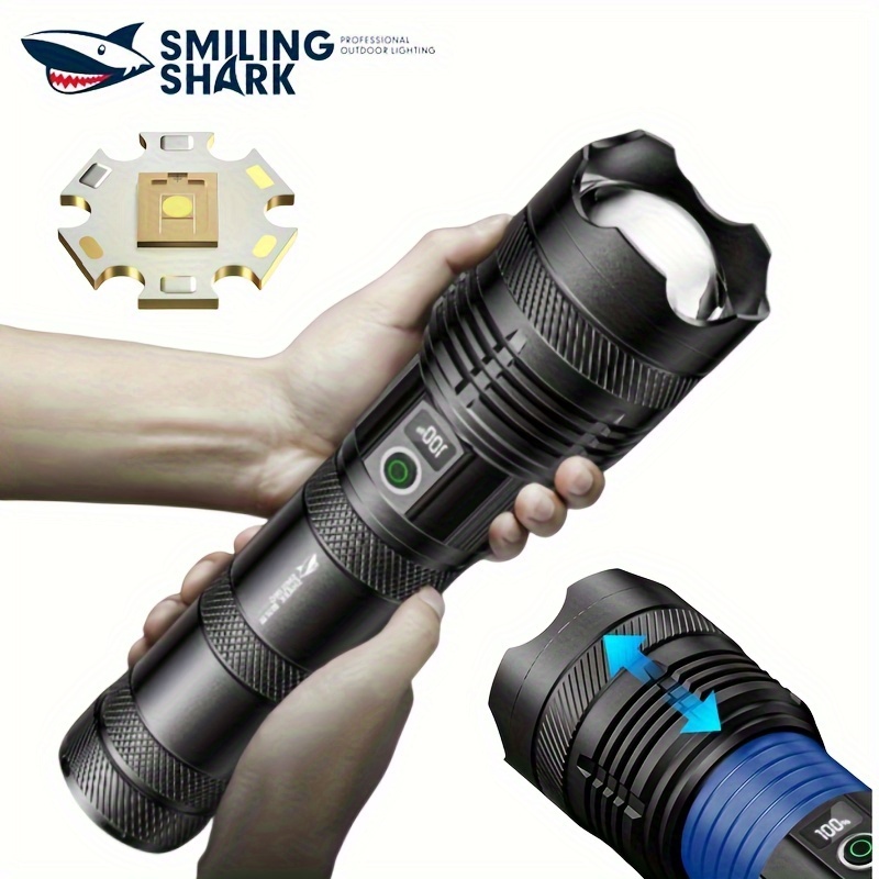 1個の笑顔のシャークSD7147パワフルLEDフラッシュライト、充電式トーチ、M77*ズーム可能なフラッシュライト、テールライト、赤色警告ライト、アウトドアキャンプハイキング、日常使用、緊急用