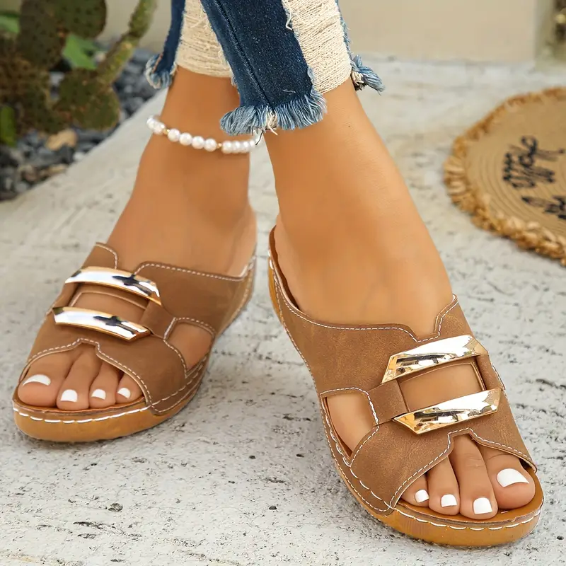 womens wide width summer sandals non slip soft sole open toe platform wedge heel thick rubber sole synthetic cover upper brown golden accents for beach casual strappy sandals beach footwear fashionable footwear durable footwear Product details 4