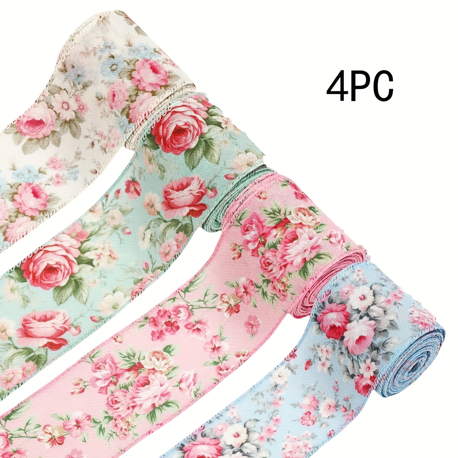 Image of 1roll/4rolls Of 2.5-inch Spring Flower Lace Ribbon Watercolor Retro Flower Satin Ribbon Pink Rose Decorative Fabric Satin Ribbon For Wreath Bow Making Diy Crafts Packagin, Christmas, Halloween