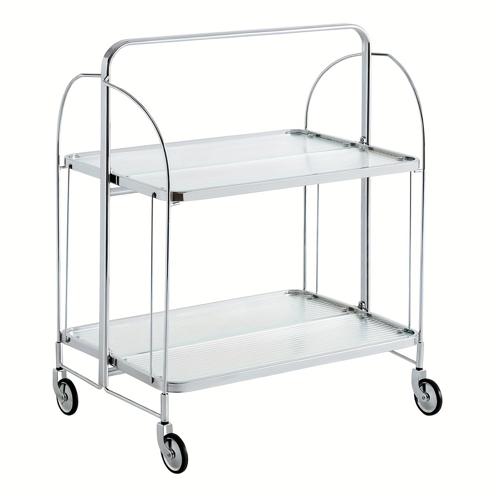 Image of 1pc Folding Kitchen Trolley (with Brakes) Rolling Kitchen Storage Trolley, Metal Folding Service Trolley With 2-storey Toughened Glass Shelves, Utility Vehicle Modern Beverage Trolley Drinks Bar