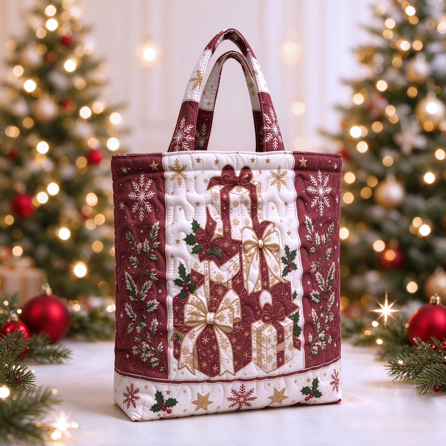 TEMU 1 pz. Borsa Tote Trapuntata con Scatola Regalo di Natale, Borsa da Shopping Portatile Festiva di Grande Capacit� con Stampa di e Rossi e
