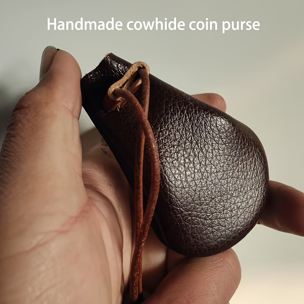 TEMU Handmade Genuine Genuine Leather Mini Coin Purse For Women  Vintage Style With Earphone Holder, Durable Cowhide Design, Minimalist Brown Genuine Leather Pouch With Drawstring Closure