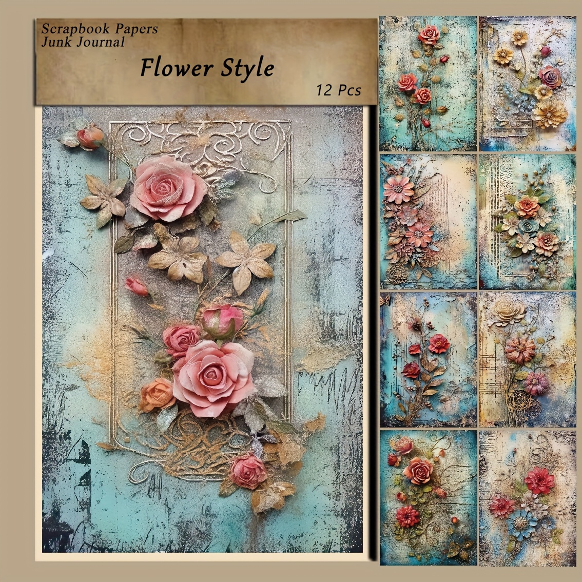 

12 Sheets Vintage Flower Paper, Flower Theme Scrapbooking Supplies, Craft Paper, Junk Journal Paper, Decoupage Paper For Bullet Journal, Card Making, Diy Art Crafts Collages