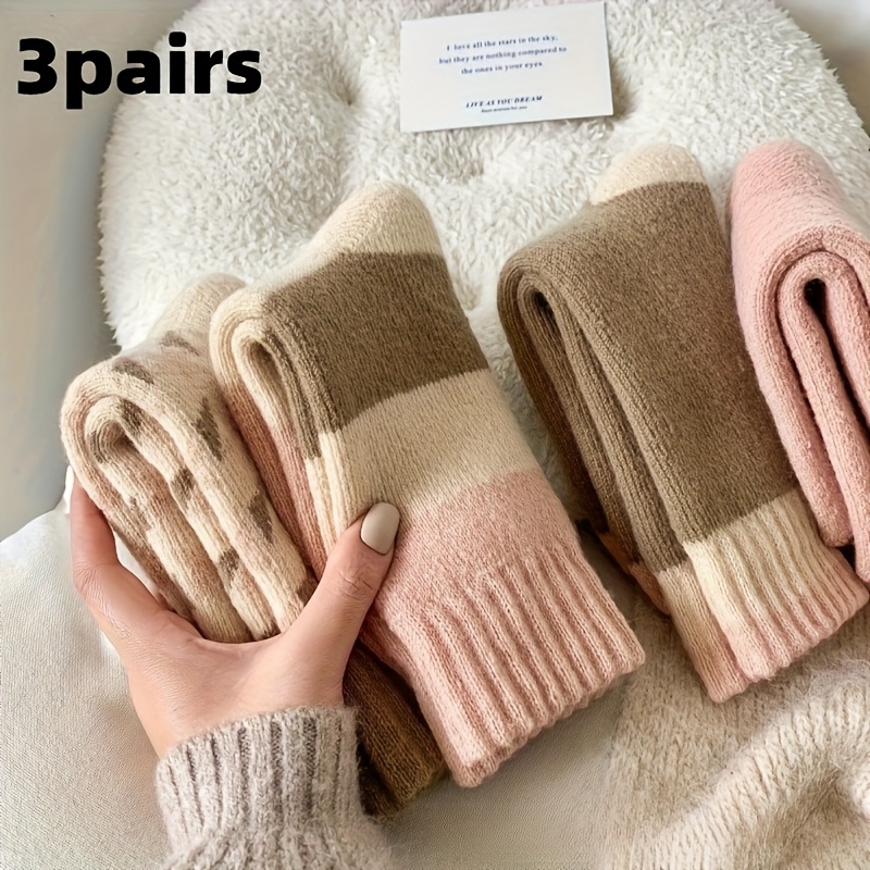 TEMU 6pcs/3pairs Women's Medium Socks - Random Color Thick Winter Warm Socks With Star Pattern, Plush , Machine Washable, Solid Color, Suitable For