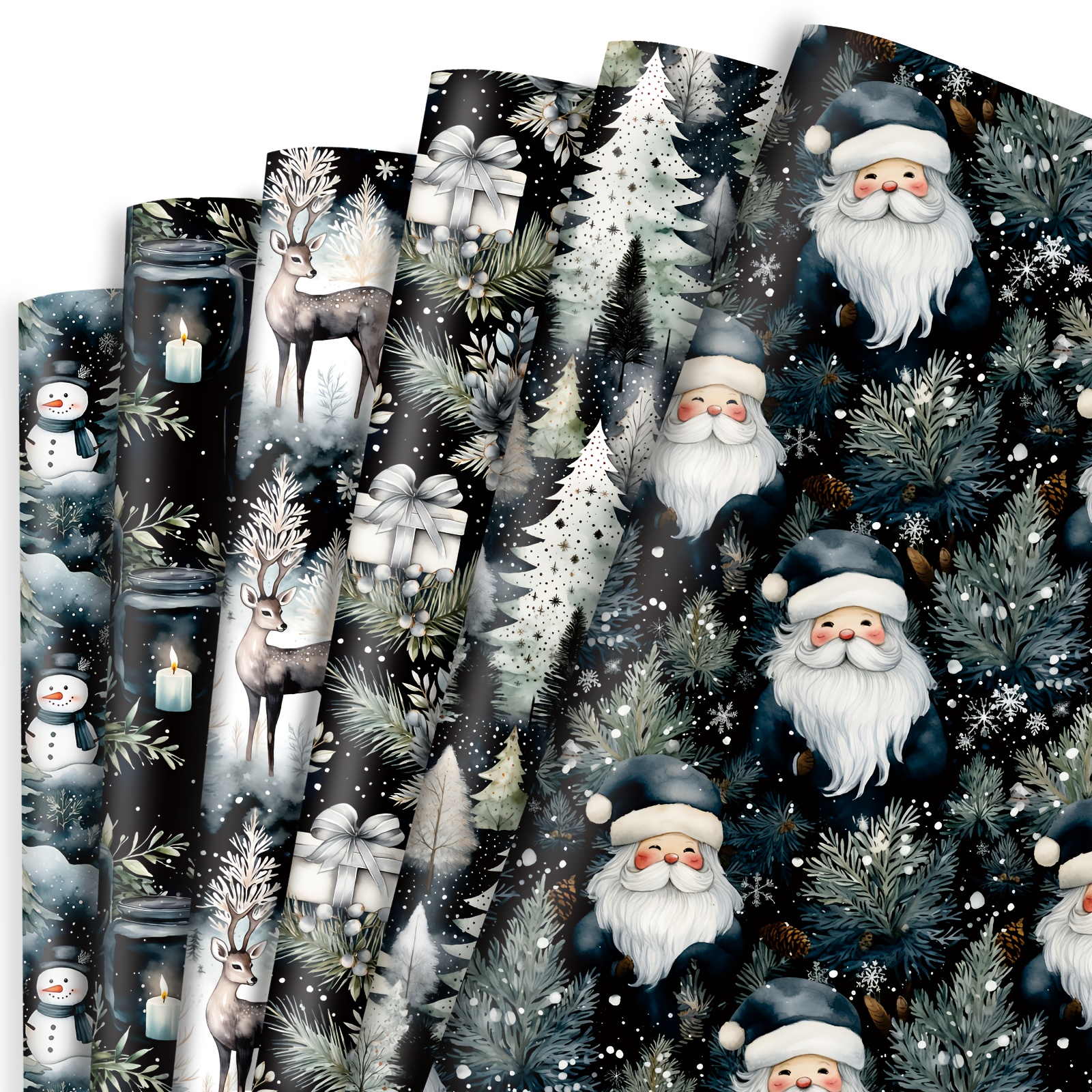 TEMU 6pcs, 20 X 28 Inches Black Christmas Wrapping Paper Watercolor Style Gift Wrapping Paper Bulk Santa Snowman Christmas Trees And Reindeer Designs