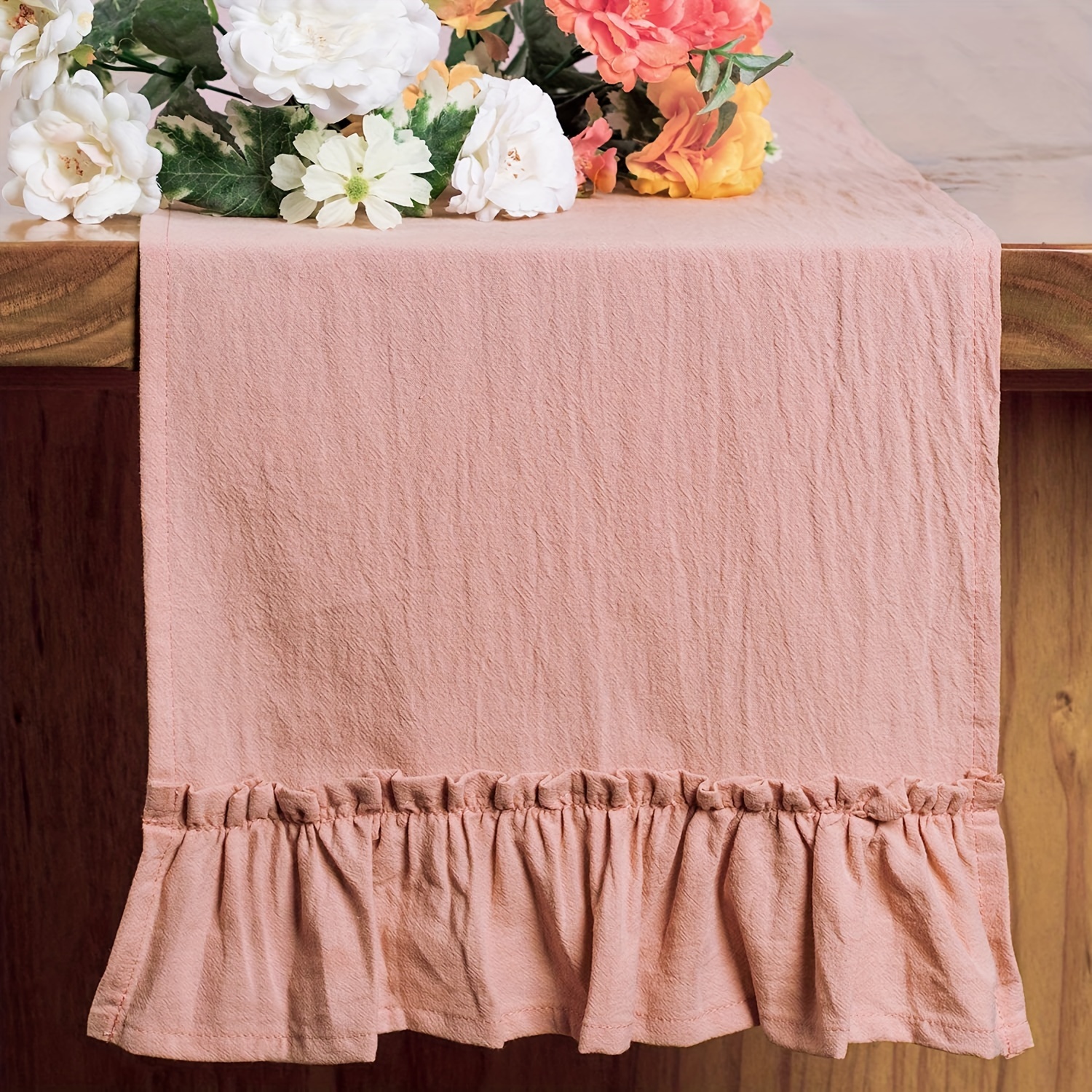 1pc Table Runner With Lace, Table Runner Solid Color Decorative Romantic Tablecloth Lotus Lace Decoration Dresser Cover Towel Tablecloth