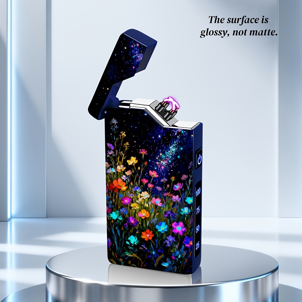 TEMU 1pc Starry Night Small Floral Pattern Printed Metal Material Electronic Lighter, Usb-c Rechargeable With Battery Indicator, No Flame Windproof
