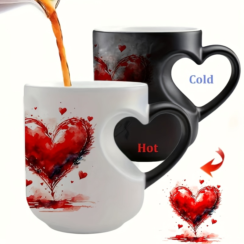 Image of 1pc Magical Color-changing Mug With Heart-shaped Handle - 11oz Insulated & Reusable Ceramic Cup, Options For Coffee/tea, Hot/cold Design, Heart & Art, Ideal Gift For (hand Wash Only)