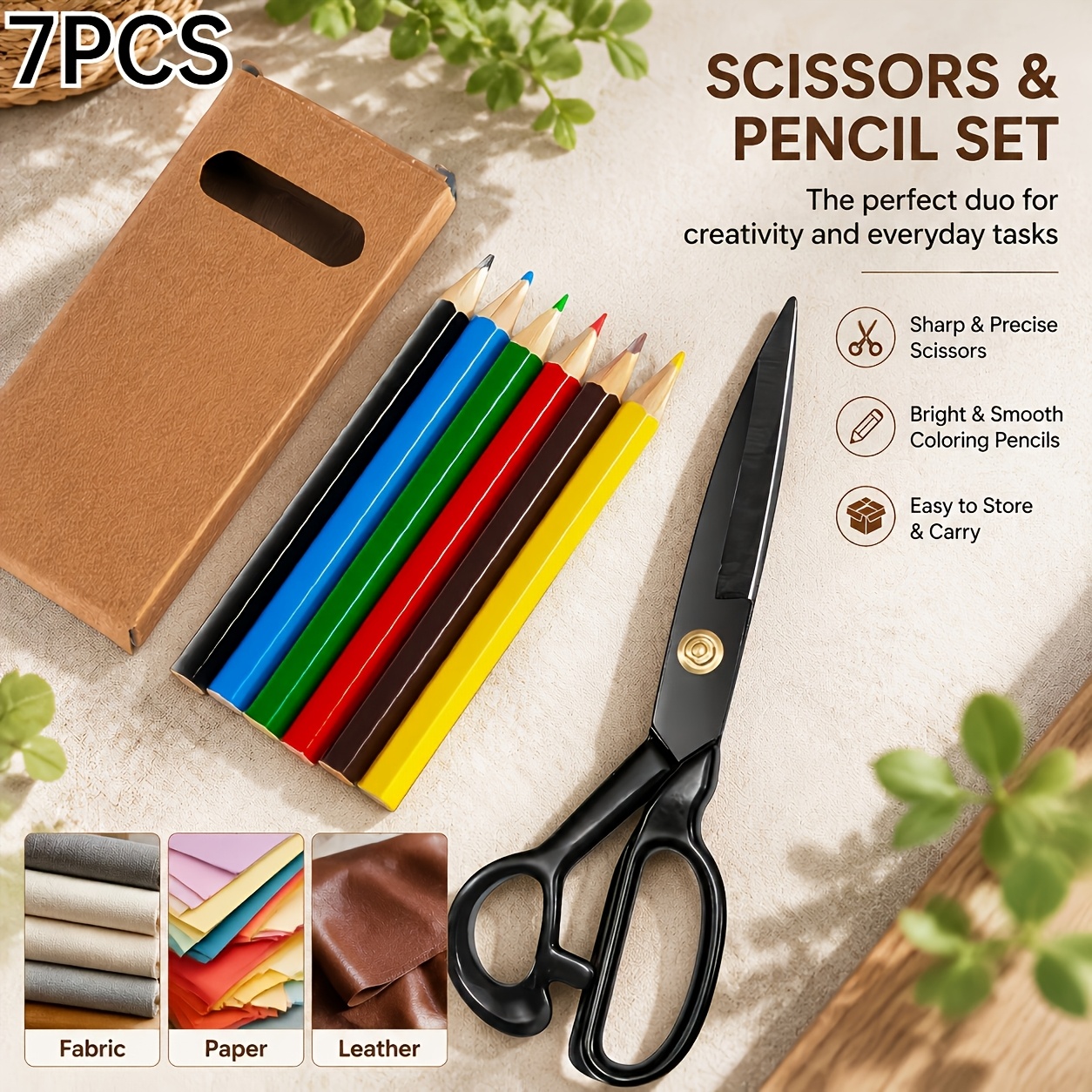 TEMU Ensemble de couture 7 pièces - Ciseaux de professionnels noirs de 10,2 cm + 6 crayons, cisailles à tissu tranchantes en acier inoxydable avec