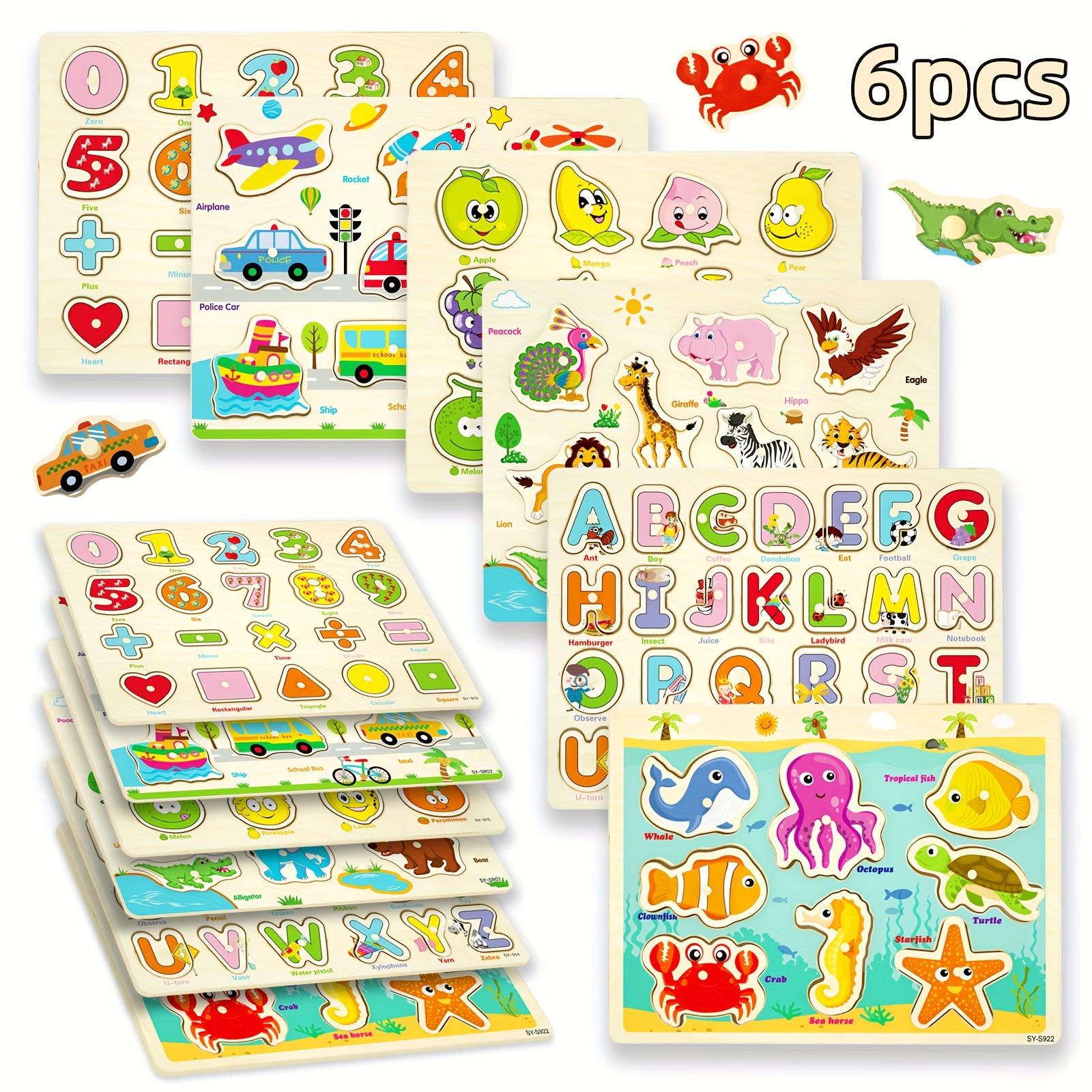 

6pcs Wooden Peg Puzzle Educational Toy, Fun Number Alphabet Fruit Ocean Animal Vehicle Hand Grasping Board, Exercise Shape Matching&fine Motor Skills, Best Gifts For Boys Girls