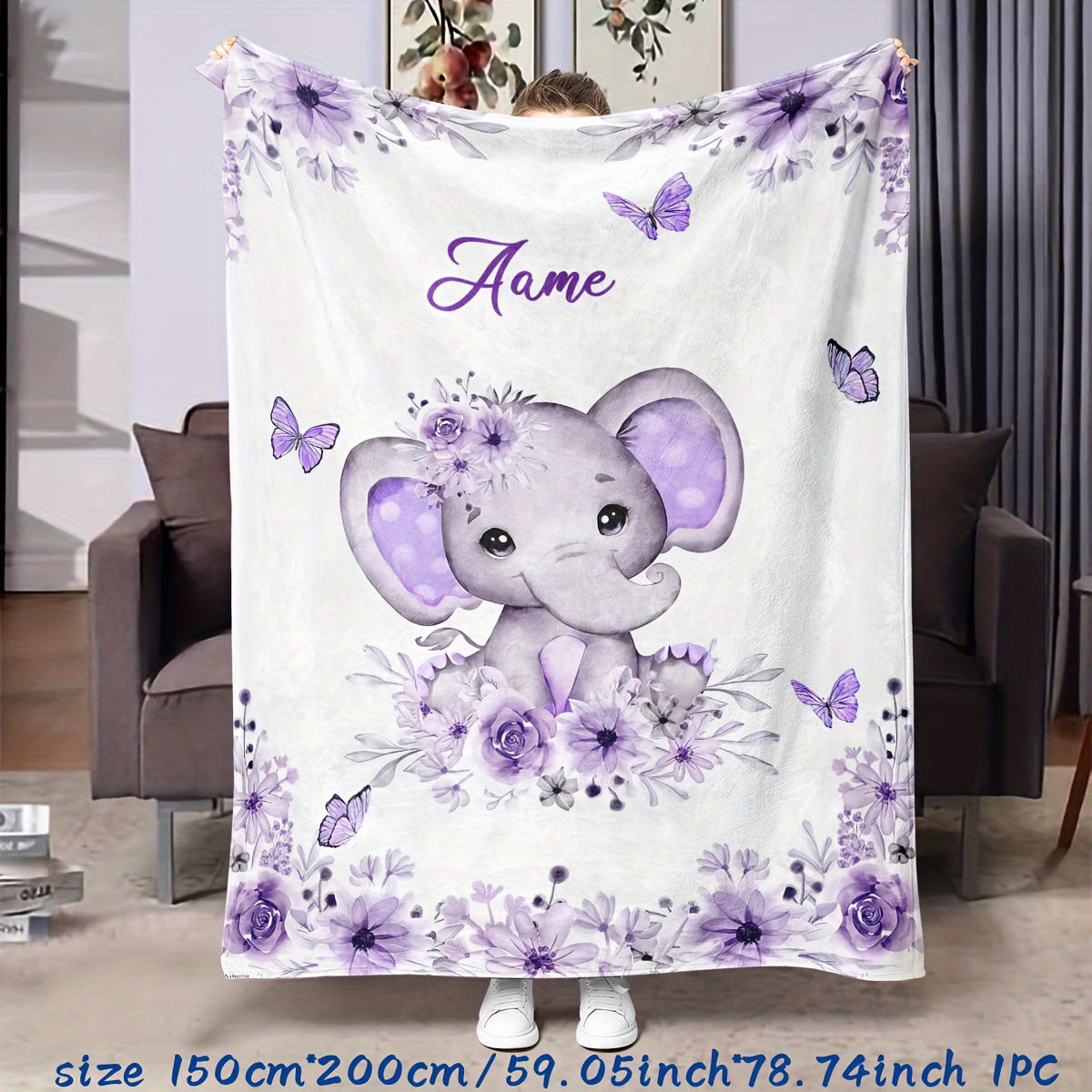 

Custom Name Elephant Print Flannel Throw Blanket - Soft, Warm & Cozy For Couch, Bed, Office, And Travel - Perfect Holiday Gift