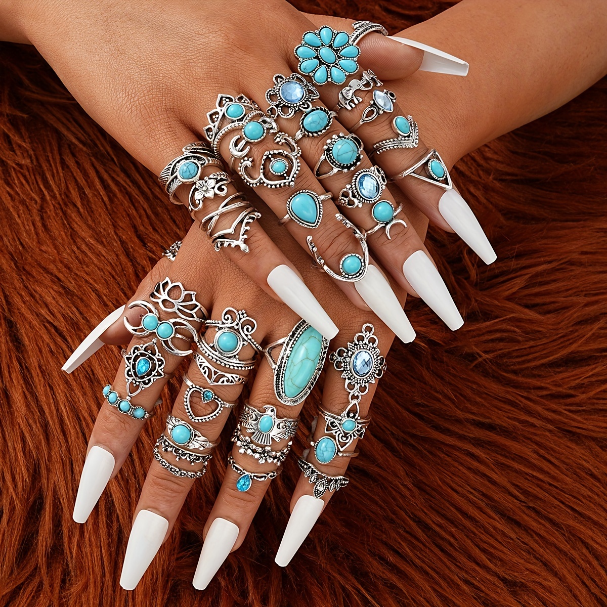 

44-piece Vintage & Cute Turquoise Rhinestone Ring Set - Adjustable Open Rings With Floral, Bird, Crown Designs For Women - Perfect For Daily Wear, Parties, And Gifts (no Box Included)