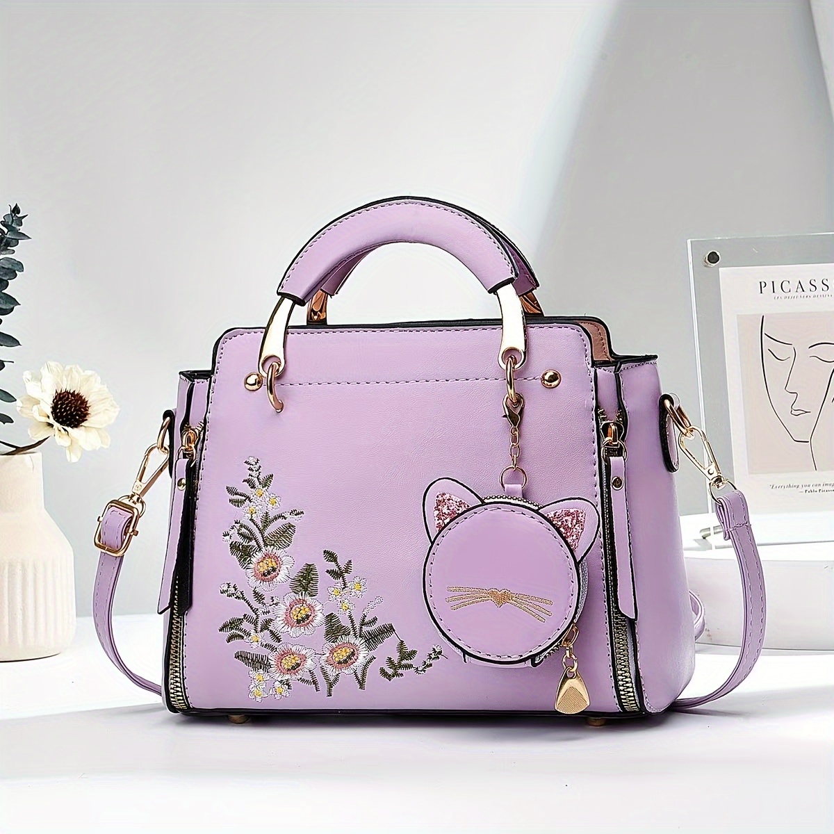 

Sac à main brodé pour femme, motif floral, fermeture à glissière, doublure en polyester, dragonne, peinture sur les bords, fourre-tout polyvalent pour toutes les occasions - Couleurs assorties