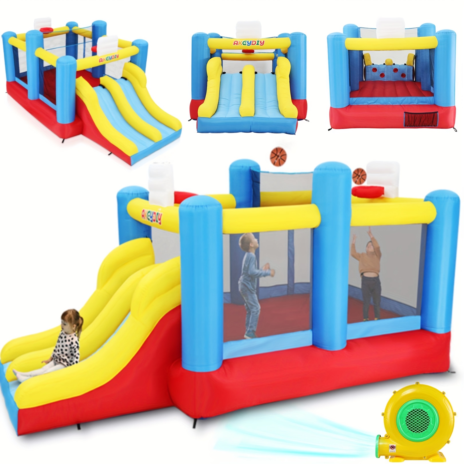 Image of Big Inflatable Bounce House For Party Fun, 15ft X 8ft, Double Slide Bouncy Castle With 2 Basketball Hoops, Removable Volleyball Net, Climbing Wall, Large Jumping Bouncy House For Kids Backyard