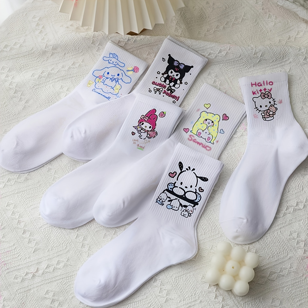 

6 Pairs Cartoon Print Socks, Cute & Trendy Japanese Style Mid Tube Socks, Women's Stockings & Hosiery