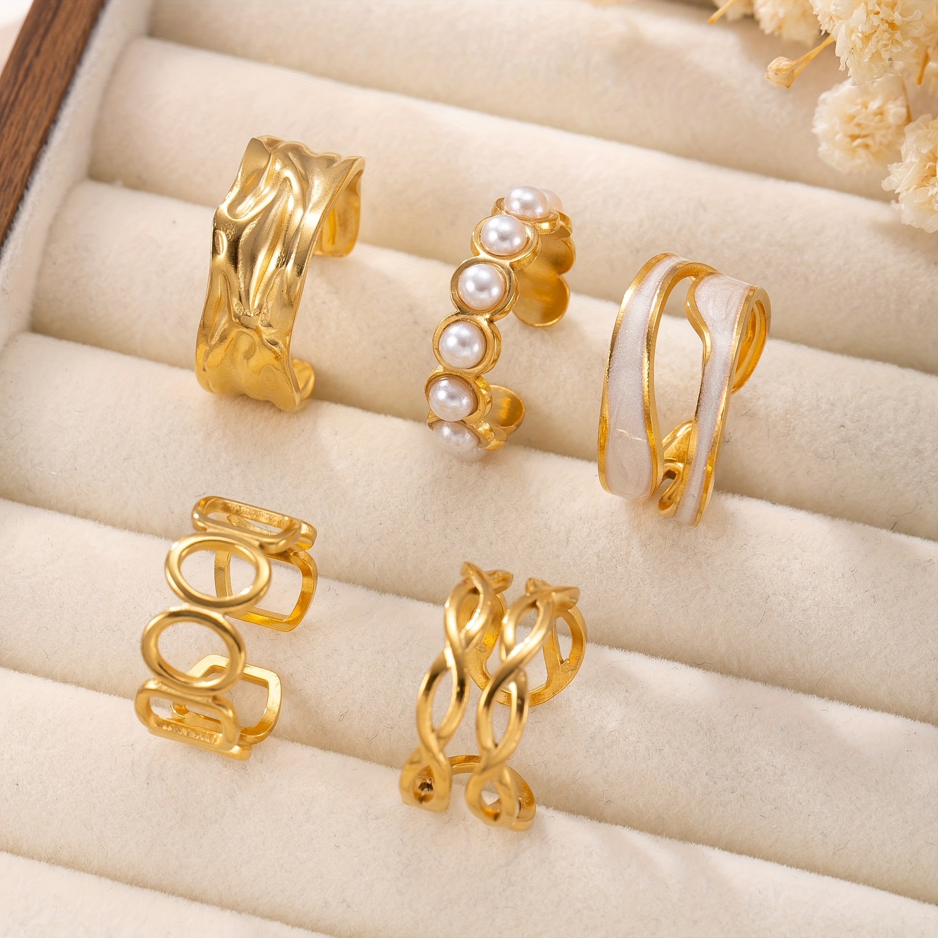 Image of 5pcs Stainless Steel Geometric With Pearl, Exquisite Design, Suitable For Women' Outfit, Holiday, Party, Engagement