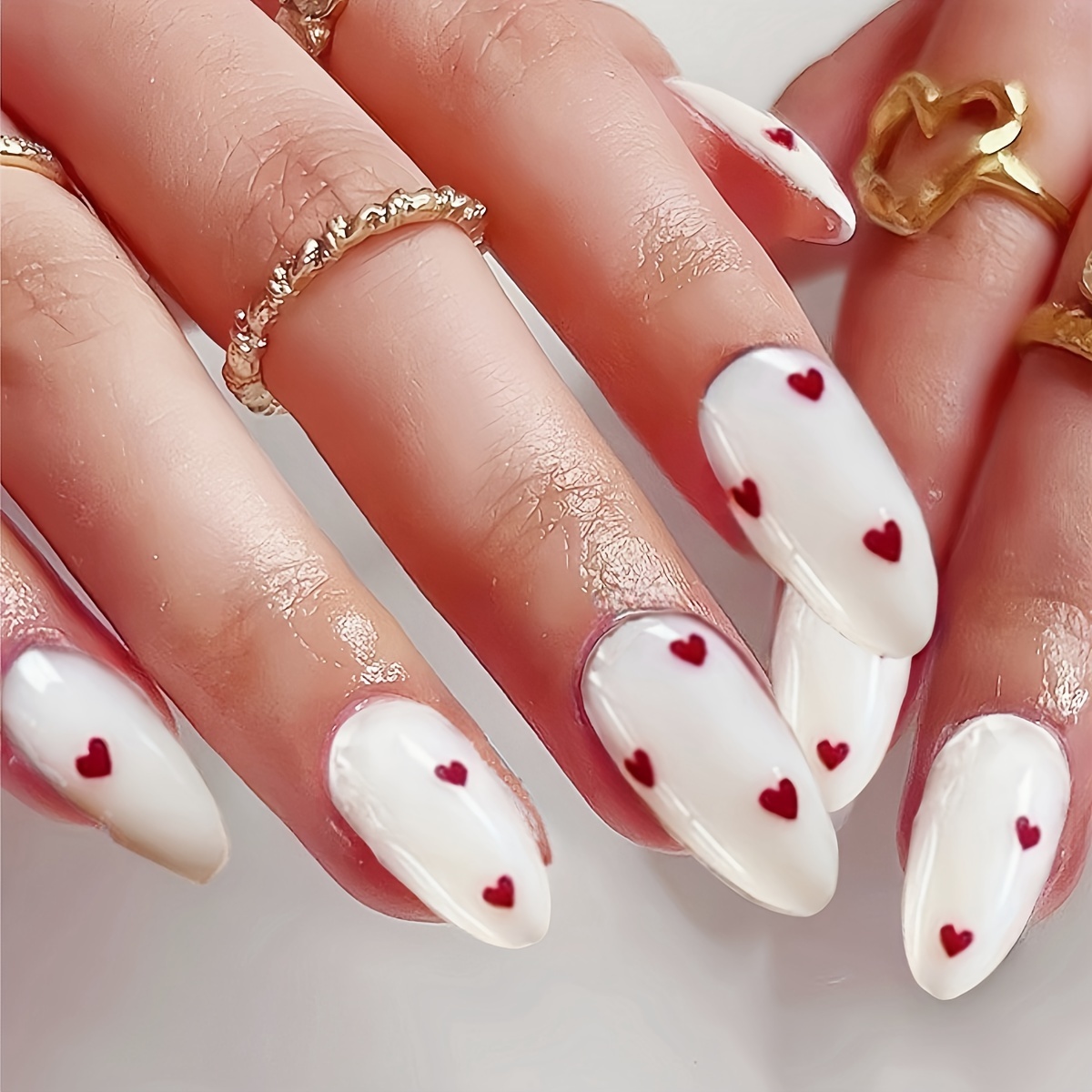 TEMU 24pcs Valentine's Day Press-on Nails - Almond Shape Medium Length, Creamy White & Red Heart Glitter Design Glossy Finish Fake Nails For Women,