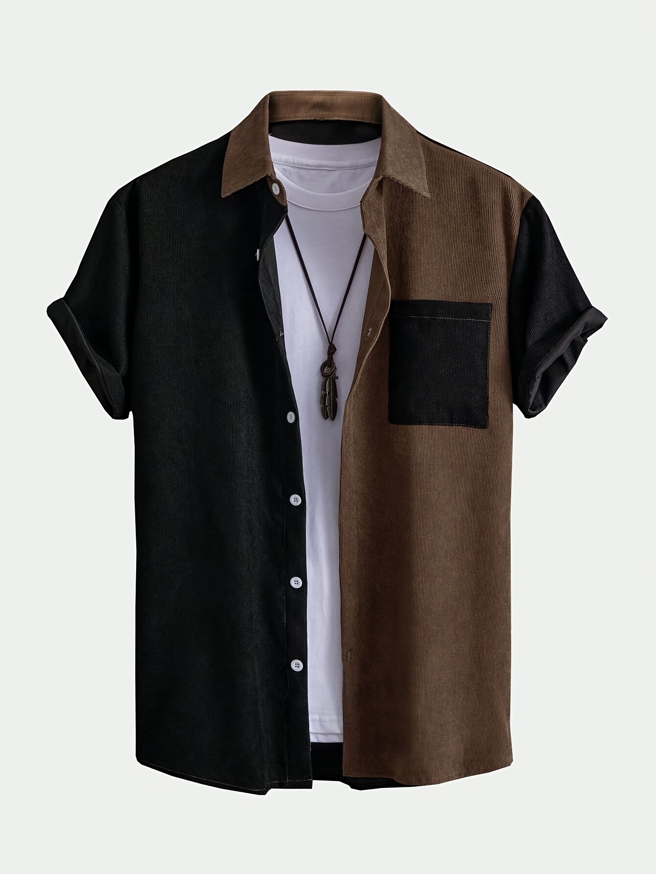 Men'S Summer New Corduroy Patchwork Short Sleeve Shirt