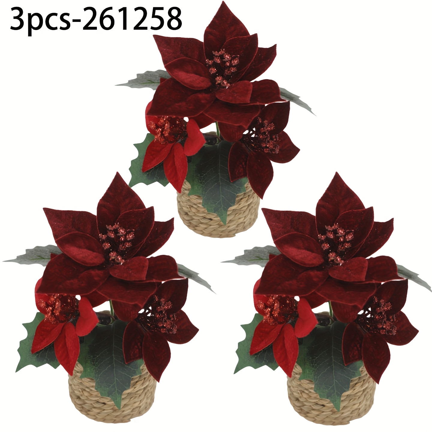 TEMU 3pcs Set Of Artificial Poinsettia Flowers, With Woven Pots, Faux Flowers, Christmas Home Decor, Suitable For Room Types Of Desktop Artificial