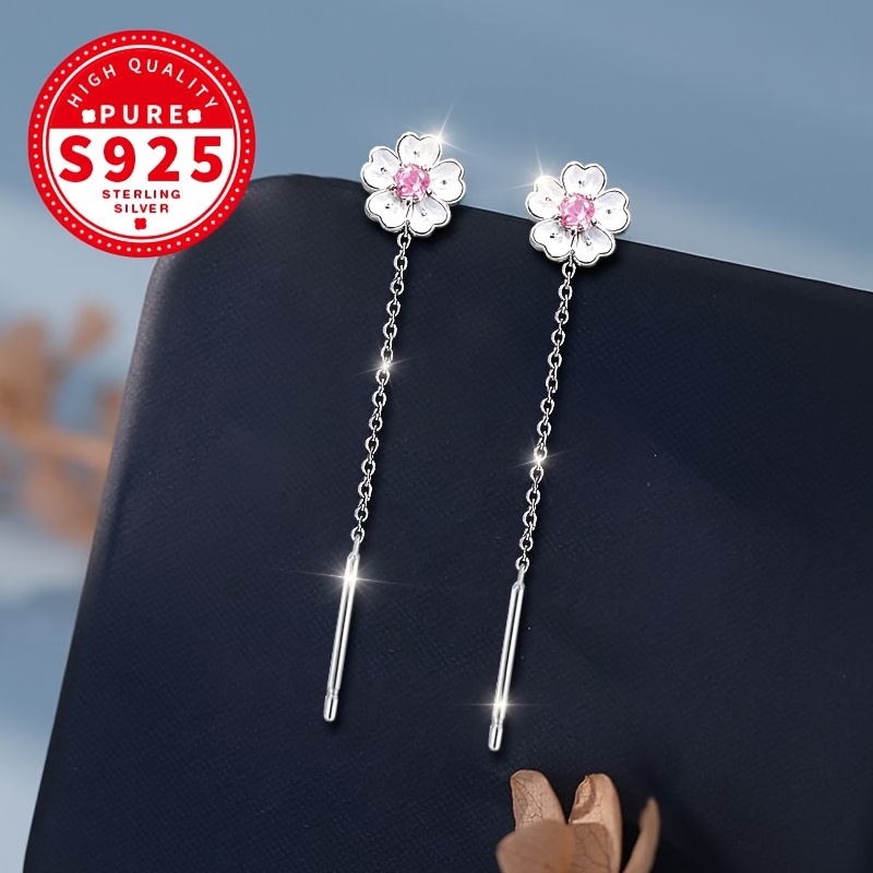 Women's S925 Silver Sparkling Pink Cherry Blossom Ear Thread Earrings