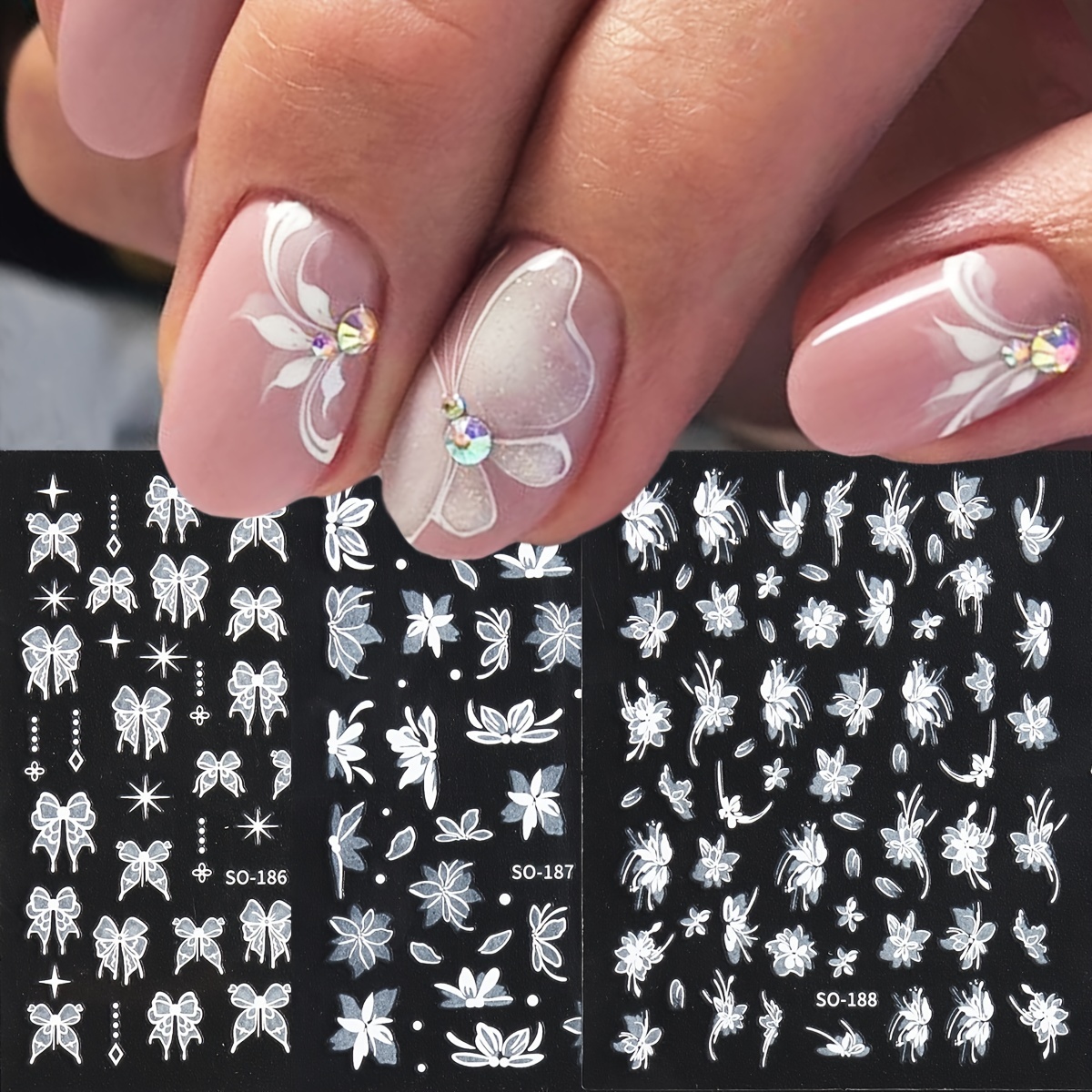 

White Black Flower Nail Art Stickers 2024 Spring Self-adhesive Nail Decals With Assorted Patterns Blossom Flower Art Design For Nails Design Manicure Decoration Accessories