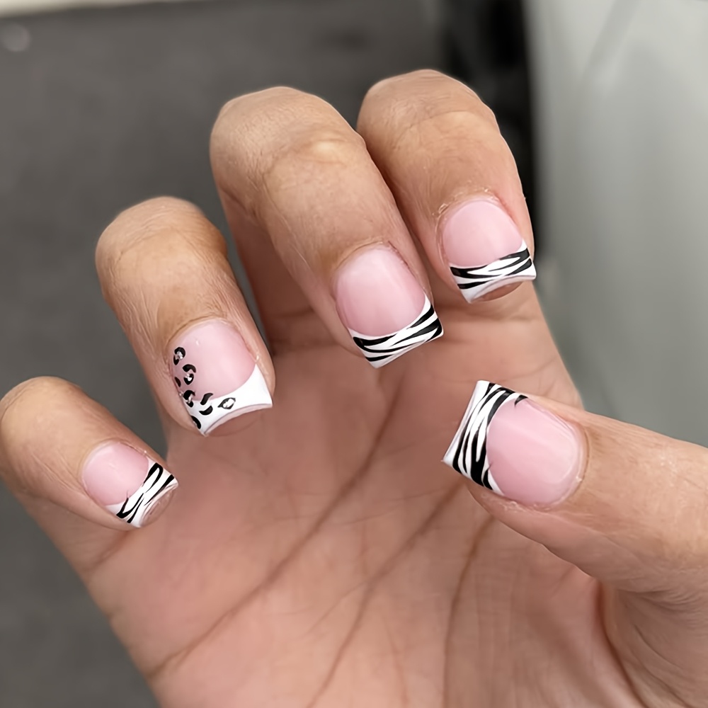 TEMU 24pcs Y2k Square Press-on Nails - Black And Pink Animal Print Press-on Nails. The Design Features A Short Square Shape With Pink And White Tips,