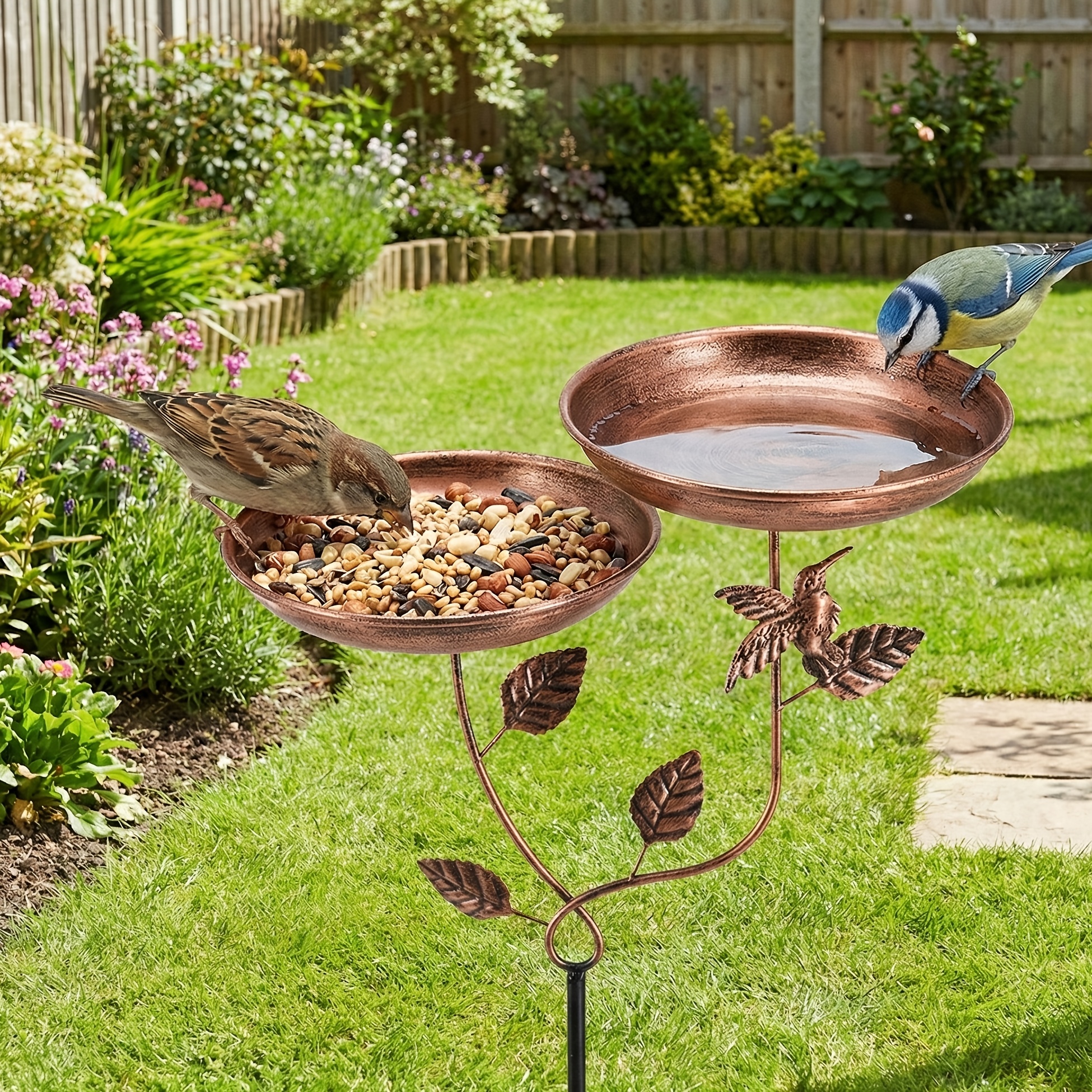 Image of 2-in-1 Bird Bath And Wild Bird Feeder Garden Stake, 37" Tall Vintage Hummingbird Motif, Rust-proof Outdoor Yard Art Decoration For Lawn And Patio