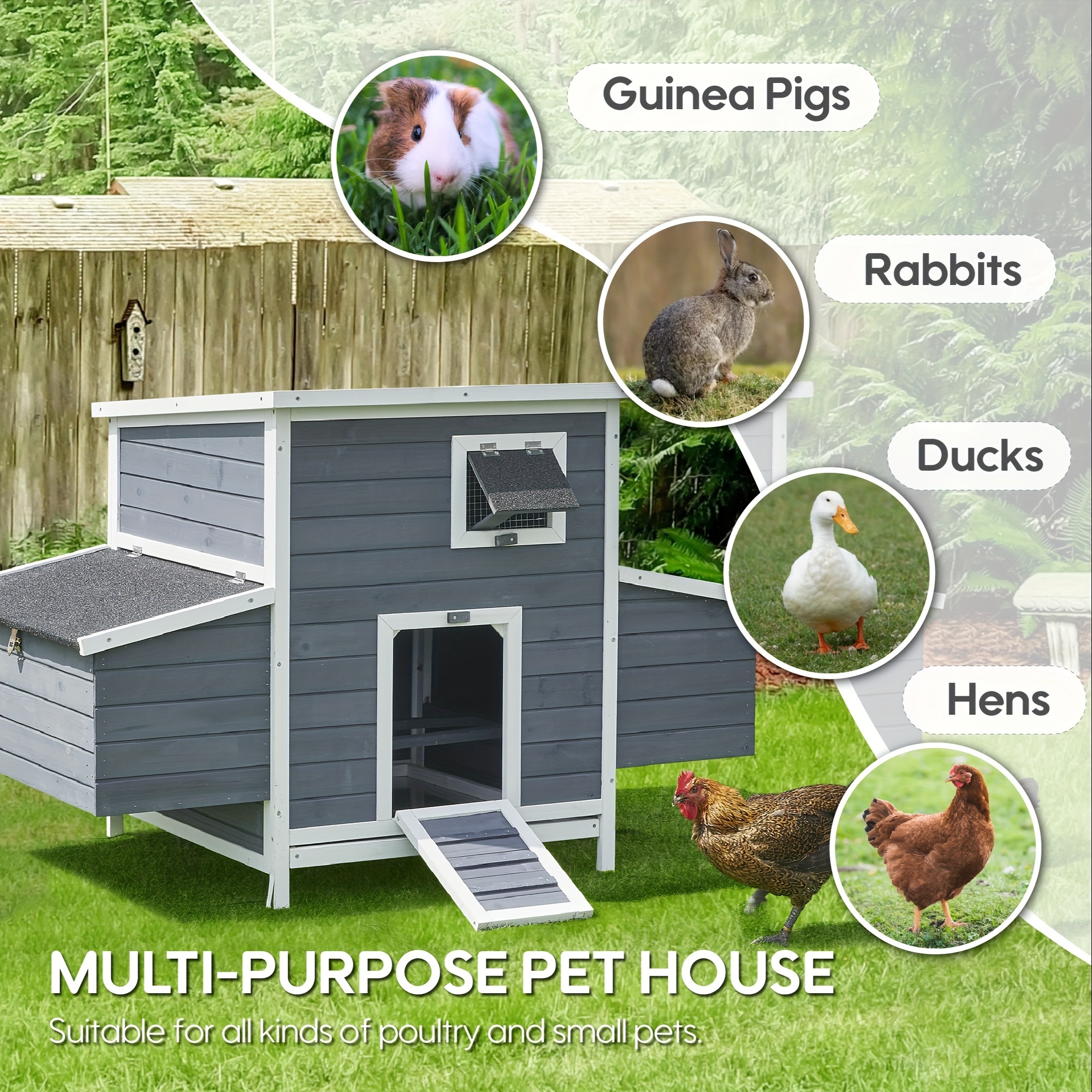 TEMU 59'' Large Chicken Cage For 4-6 Chickens, Wooden Chicken House With Large Nest Box, Outdoor Poultry Cage Rabbit Cage With Ramp And Ventilation Window, 59'' Long * 33.5'' Wide * 38.6'' High