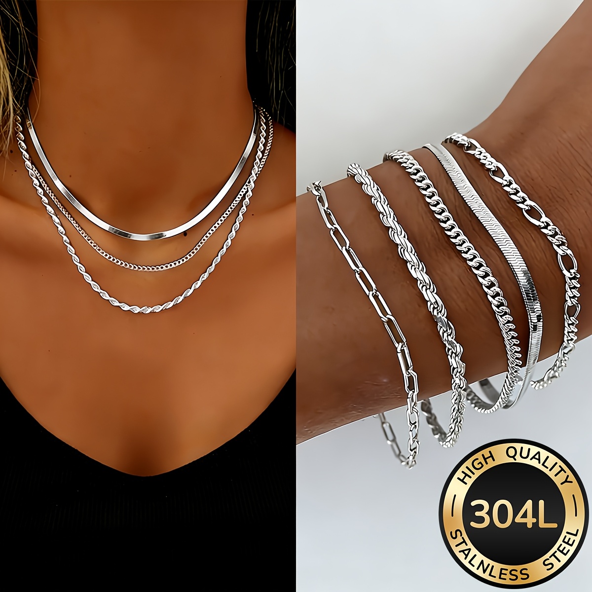 TEMU Set di bracciale e collana da donna in acciaio inossidabile oro 18 , 8 pezzi