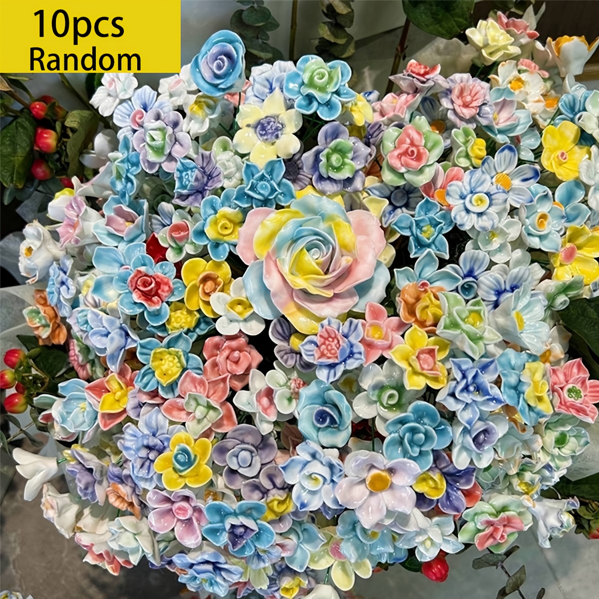 E-shop 10 Stück künstliche Keramikblumen - Handgefertigt, Zeitlose Blume für die Wohnungsdekoration - Perfekte Wahl für Valentinstag, Weihnachten,