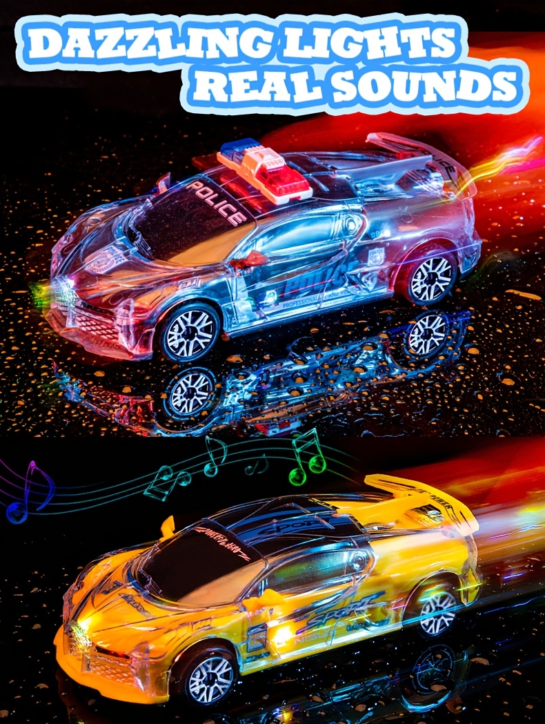 Colorful Glitter Toy Car with Lights, Music Police Vehicle Transparent Shell Toy Car, Omni-Wheel Children's Toys Novel Glow-in-the-Dark Gift Super Cool Birthday Present for Boys and Girls Ages 3-6